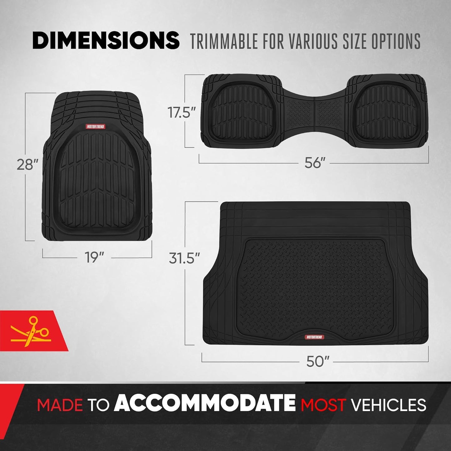 Flextough 4-Piece Heavy Duty Floor Mats for Cars Trucks Suvs, Automotive Floor Mats Car Mats Full Set Front, Rear & Cargo, Trim-To-Fit Semi-Custom Deep Dish All Weather Rubber Mats - Black