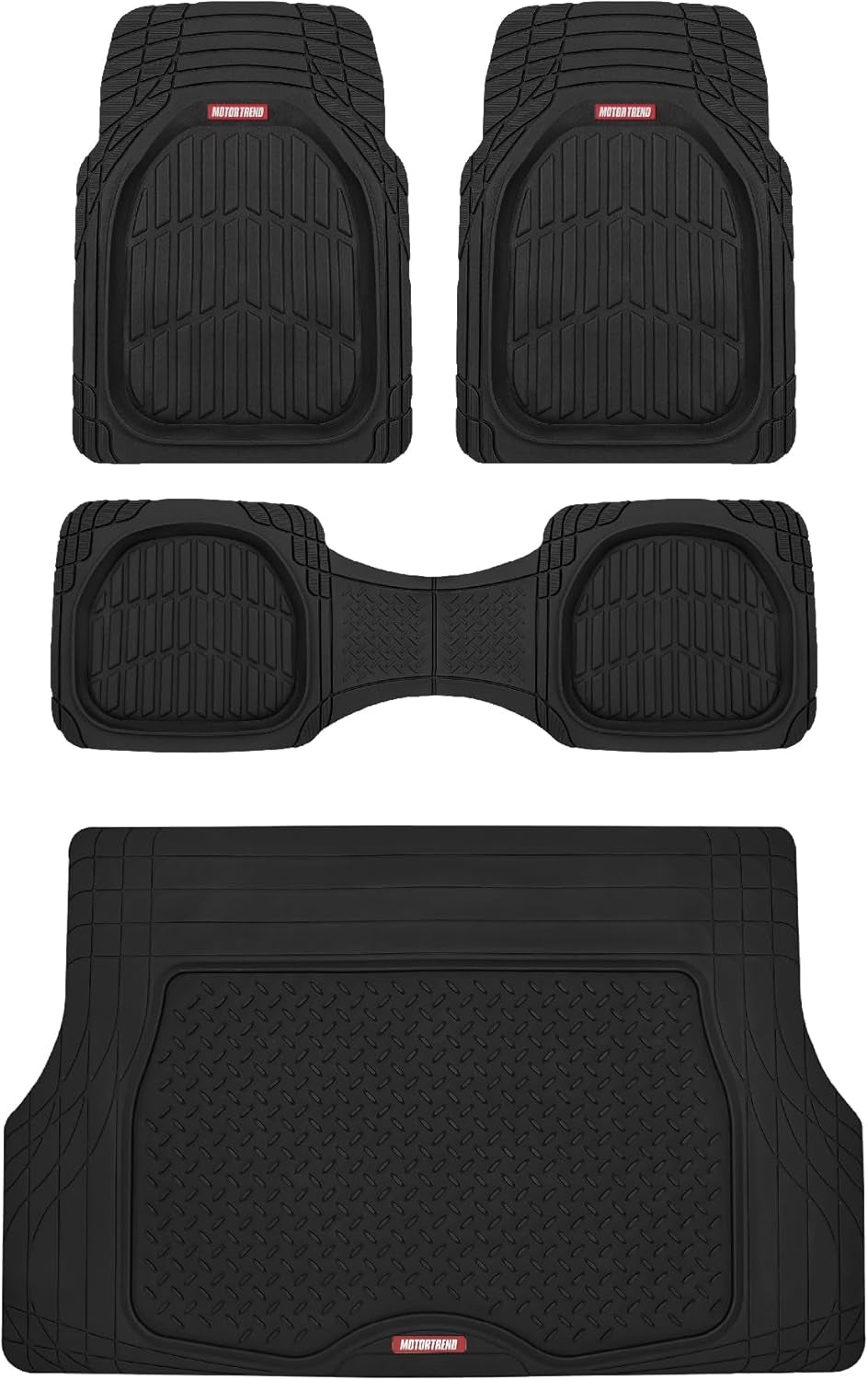 Flextough 4-Piece Heavy Duty Floor Mats for Cars Trucks Suvs, Automotive Floor Mats Car Mats Full Set Front, Rear & Cargo, Trim-To-Fit Semi-Custom Deep Dish All Weather Rubber Mats - Black