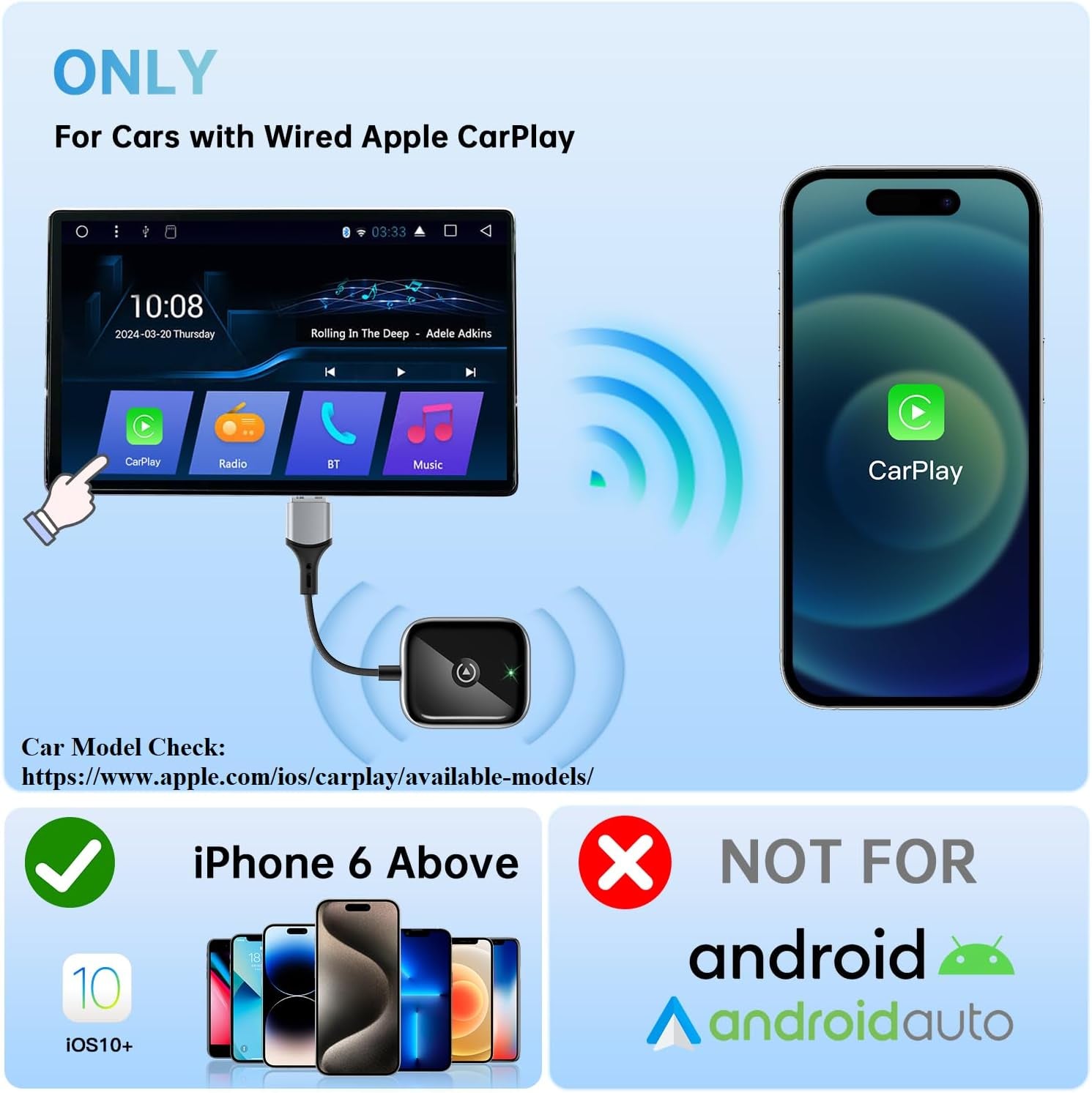 Wireless Carplay Adapter for Apple Carplay, Easy to Upgrade Wired Carplay to Wireless, Instant Connectivity, Super Mini Car Play Dongle for Iphone Fit for Cars with Built-In Carplay