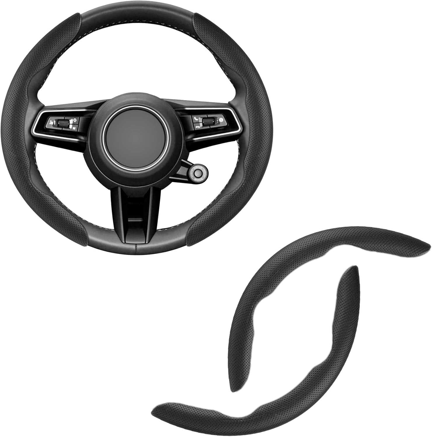 Nappa Leather Steering Wheel Cover, 2PCS Segmented Wheel Protector, Universal 99% Car Wheel Cover (Black)