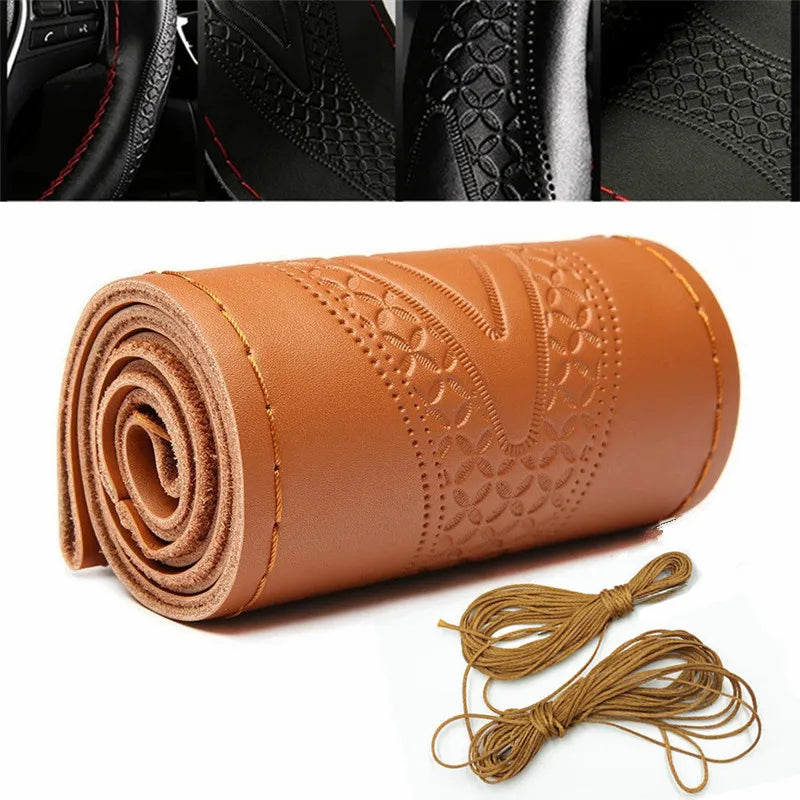 Braid Genuine Leather Steering Wheel Cover Embossing Pattern Leather Braiding for Steering Wheel 38CM