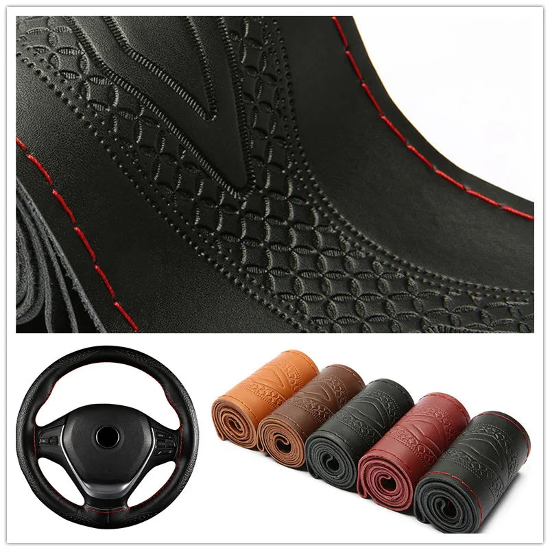 Braid Genuine Leather Steering Wheel Cover Embossing Pattern Leather Braiding for Steering Wheel 38CM