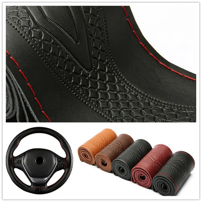Braid Genuine Leather Steering Wheel Cover Embossing Pattern Leather Braiding for Steering Wheel 38CM