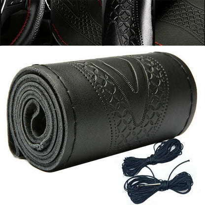 Braid Genuine Leather Steering Wheel Cover Embossing Pattern Leather Braiding for Steering Wheel 38CM