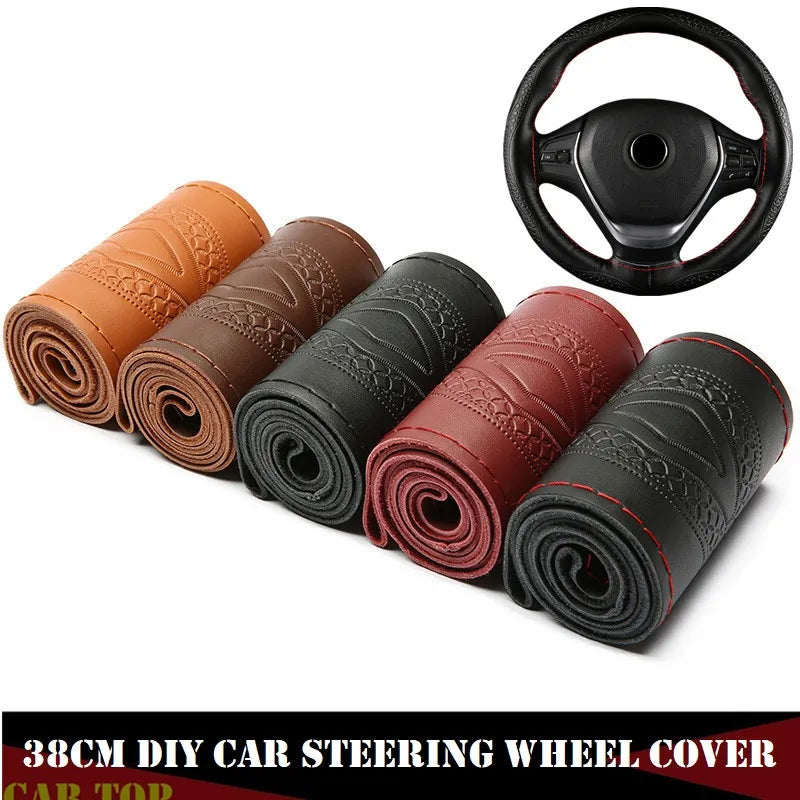 Braid Genuine Leather Steering Wheel Cover Embossing Pattern Leather Braiding for Steering Wheel 38CM