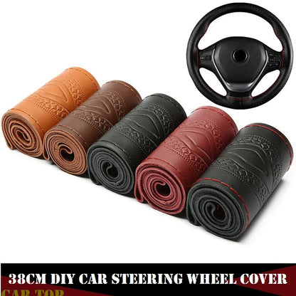 Braid Genuine Leather Steering Wheel Cover Embossing Pattern Leather Braiding for Steering Wheel 38CM