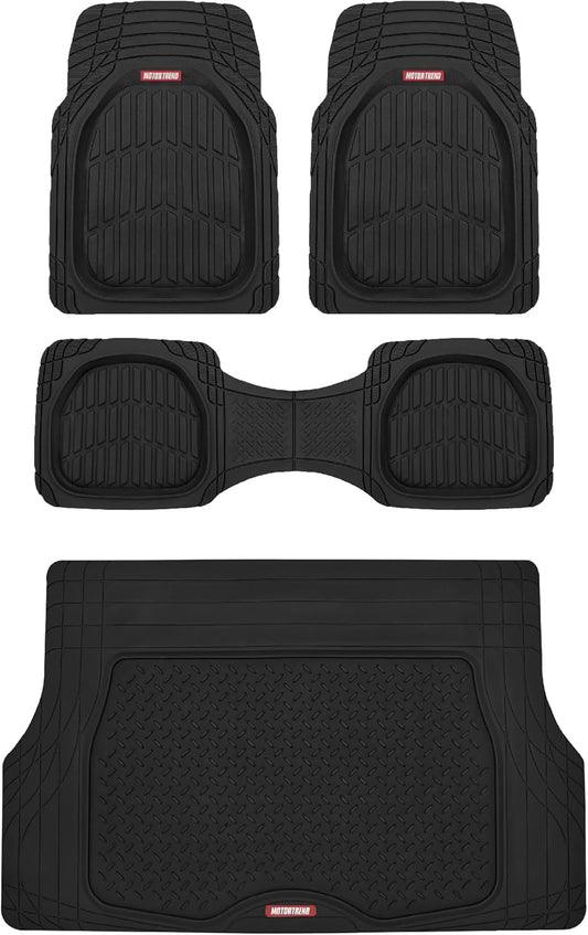 Flextough 4-Piece Heavy Duty Floor Mats for Cars Trucks Suvs, Automotive Floor Mats Car Mats Full Set Front, Rear & Cargo, Trim-To-Fit Semi-Custom Deep Dish All Weather Rubber Mats - Black