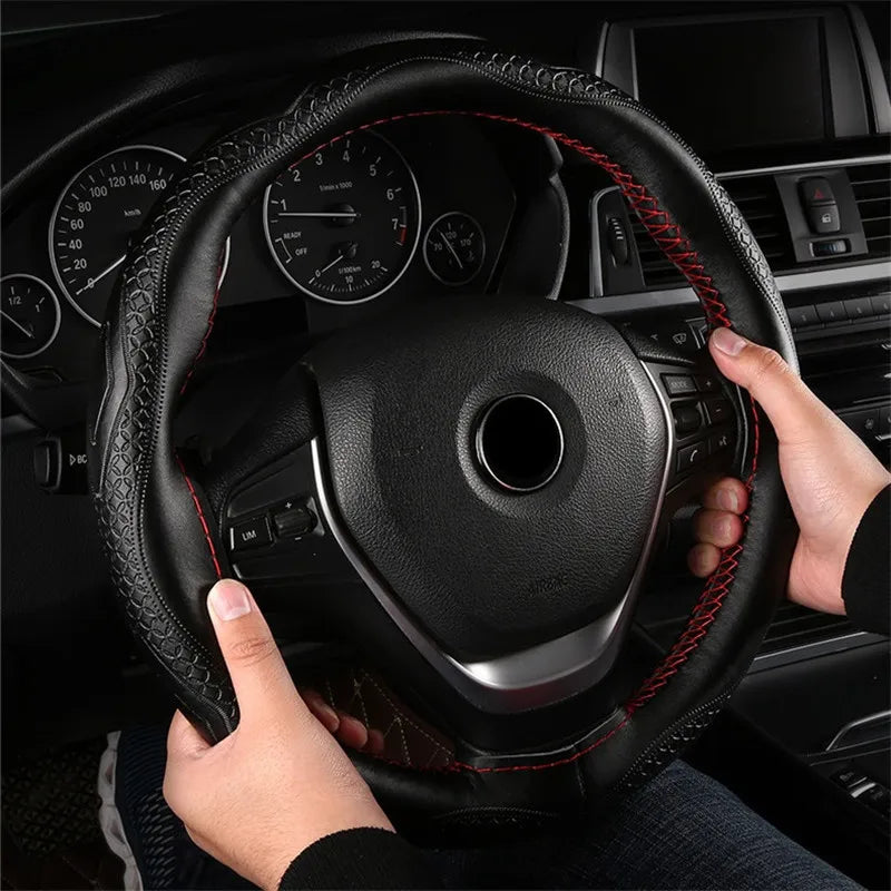 Braid Genuine Leather Steering Wheel Cover Embossing Pattern Leather Braiding for Steering Wheel 38CM