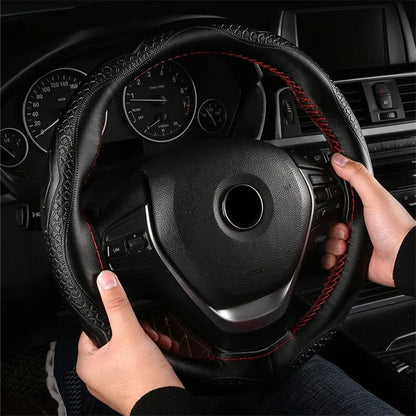 Braid Genuine Leather Steering Wheel Cover Embossing Pattern Leather Braiding for Steering Wheel 38CM