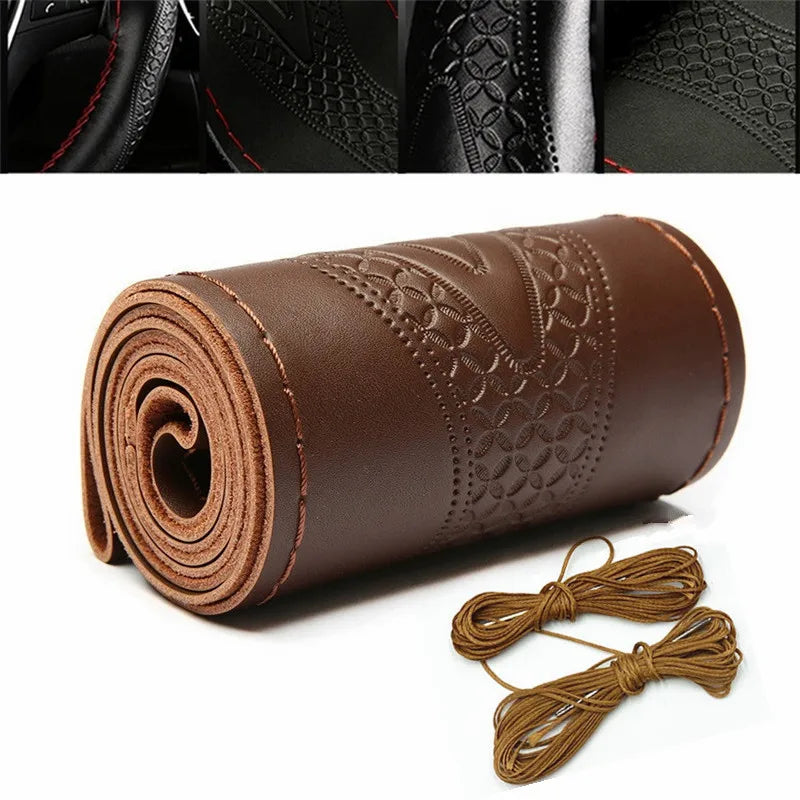 Braid Genuine Leather Steering Wheel Cover Embossing Pattern Leather Braiding for Steering Wheel 38CM