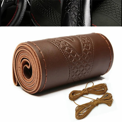Braid Genuine Leather Steering Wheel Cover Embossing Pattern Leather Braiding for Steering Wheel 38CM
