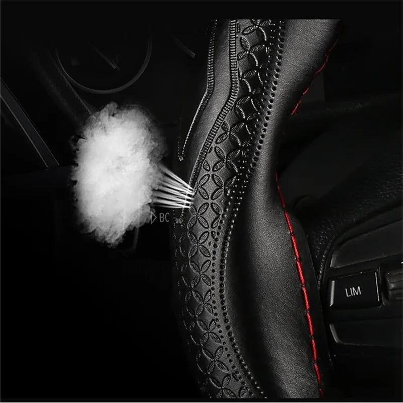 Braid Genuine Leather Steering Wheel Cover Embossing Pattern Leather Braiding for Steering Wheel 38CM