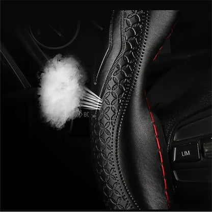 Braid Genuine Leather Steering Wheel Cover Embossing Pattern Leather Braiding for Steering Wheel 38CM