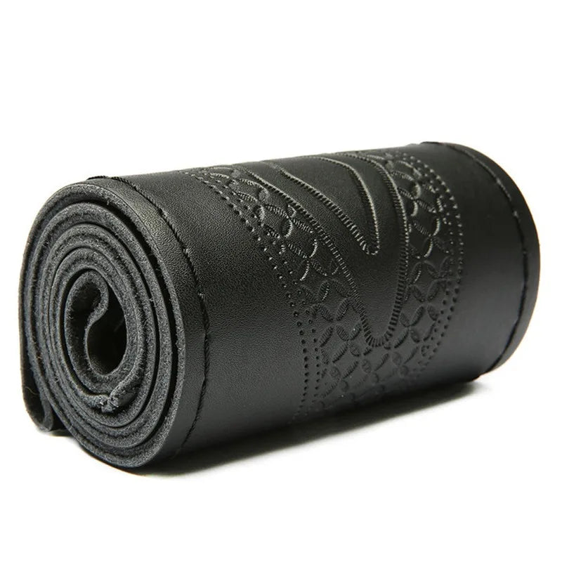 Braid Genuine Leather Steering Wheel Cover Embossing Pattern Leather Braiding for Steering Wheel 38CM
