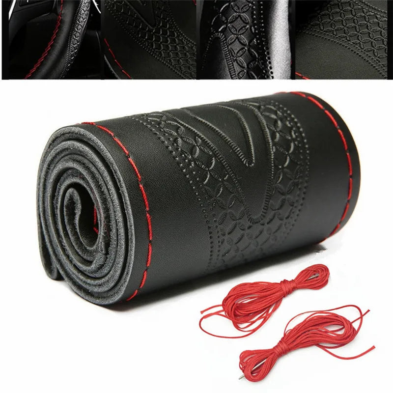Braid Genuine Leather Steering Wheel Cover Embossing Pattern Leather Braiding for Steering Wheel 38CM