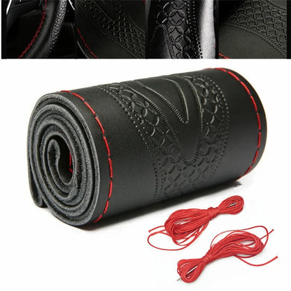 Braid Genuine Leather Steering Wheel Cover Embossing Pattern Leather Braiding for Steering Wheel 38CM