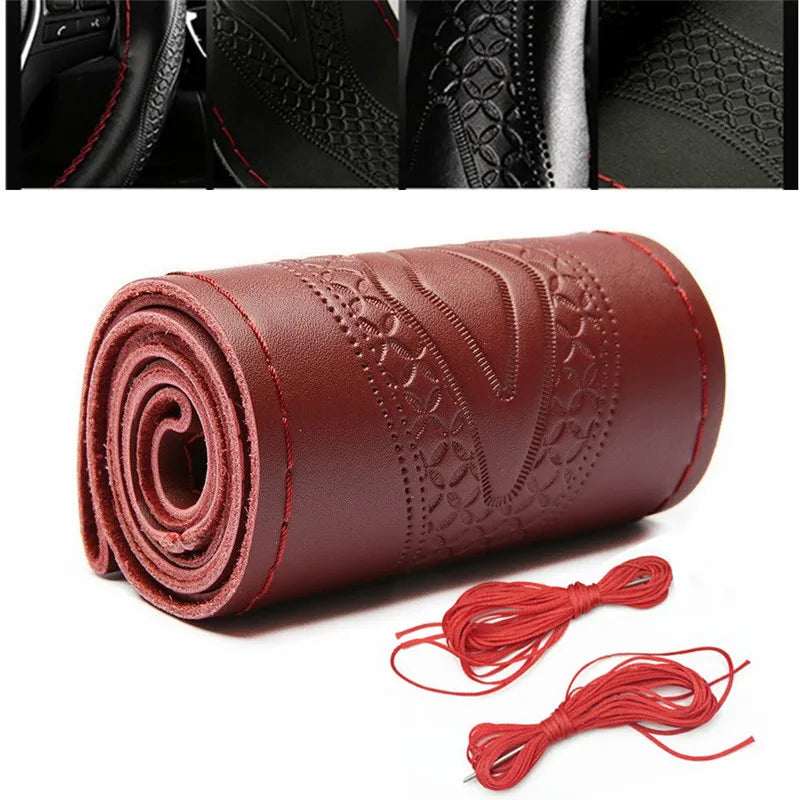 Braid Genuine Leather Steering Wheel Cover Embossing Pattern Leather Braiding for Steering Wheel 38CM